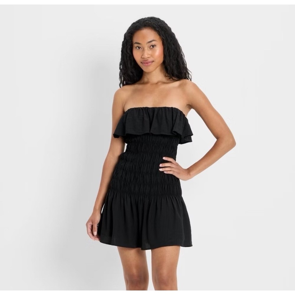 Future Collective Black Smocked Ruffle Mini Dress Removable Straps Small Flowy‎